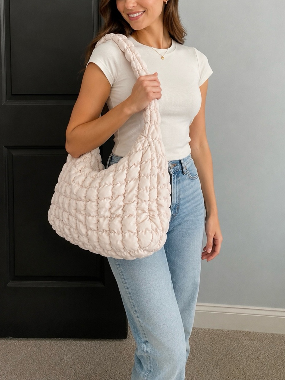 wild fable Quilted Puffer Hobo Bag - Light Blush